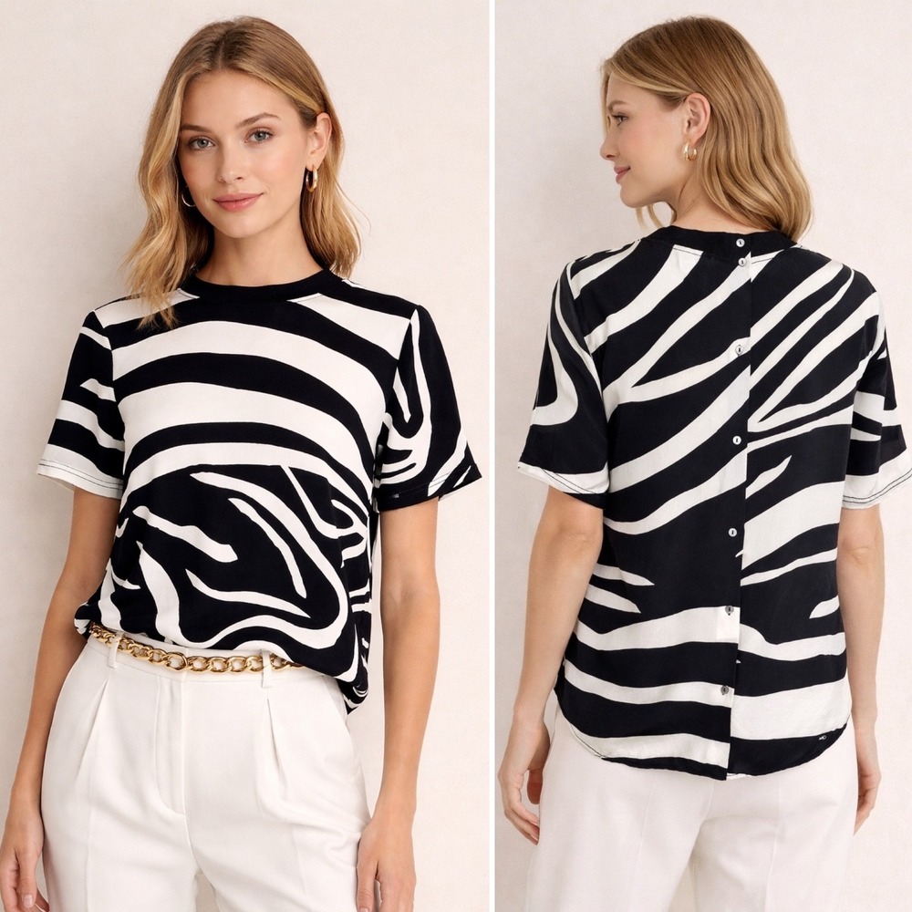 Diane Von Furstenberg DVF Dayle Silk Blouse Medium Wavy Stripe Button Back Top
